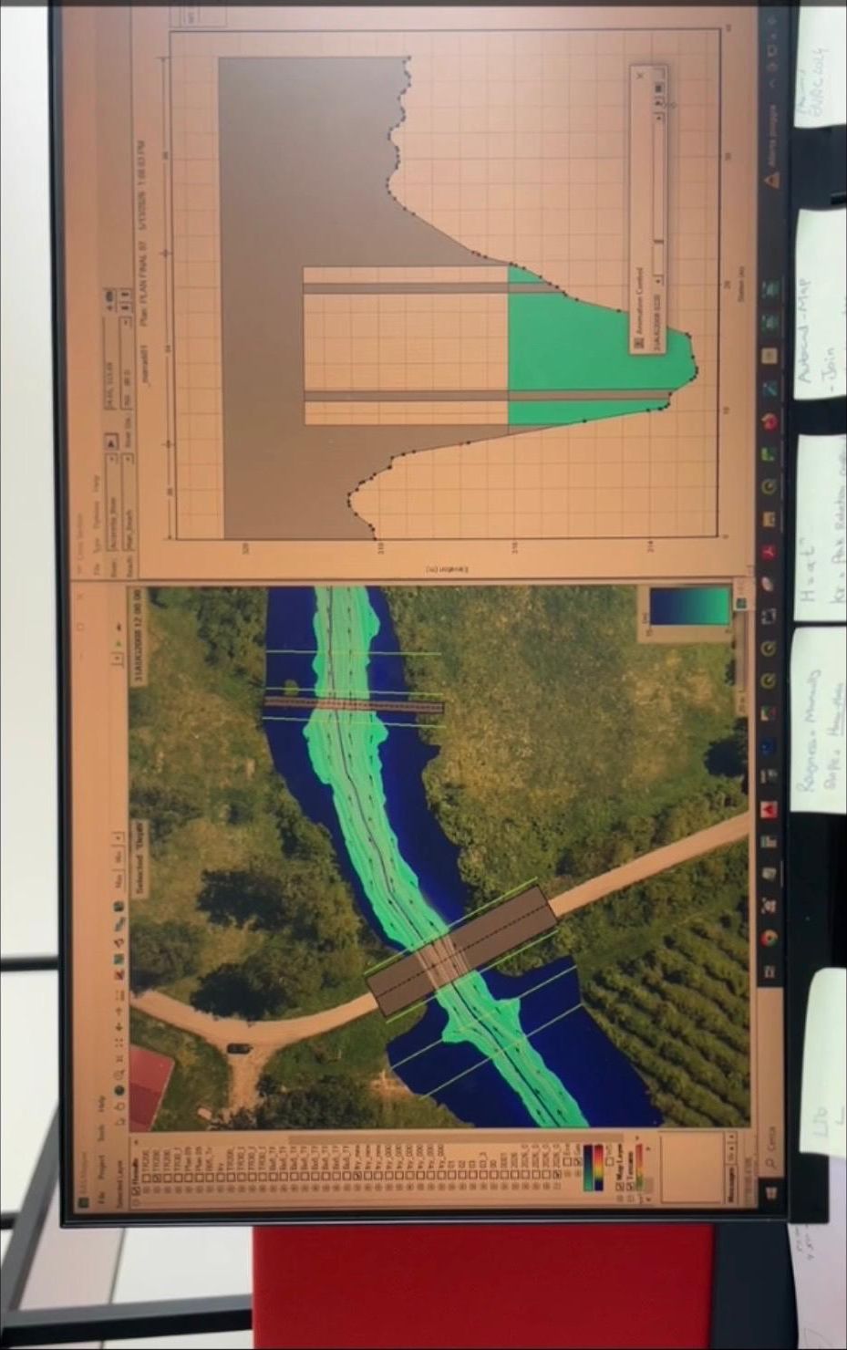 HEC-RAS screen showing a river cross-section and a mapped flood extent over aerial imagery
